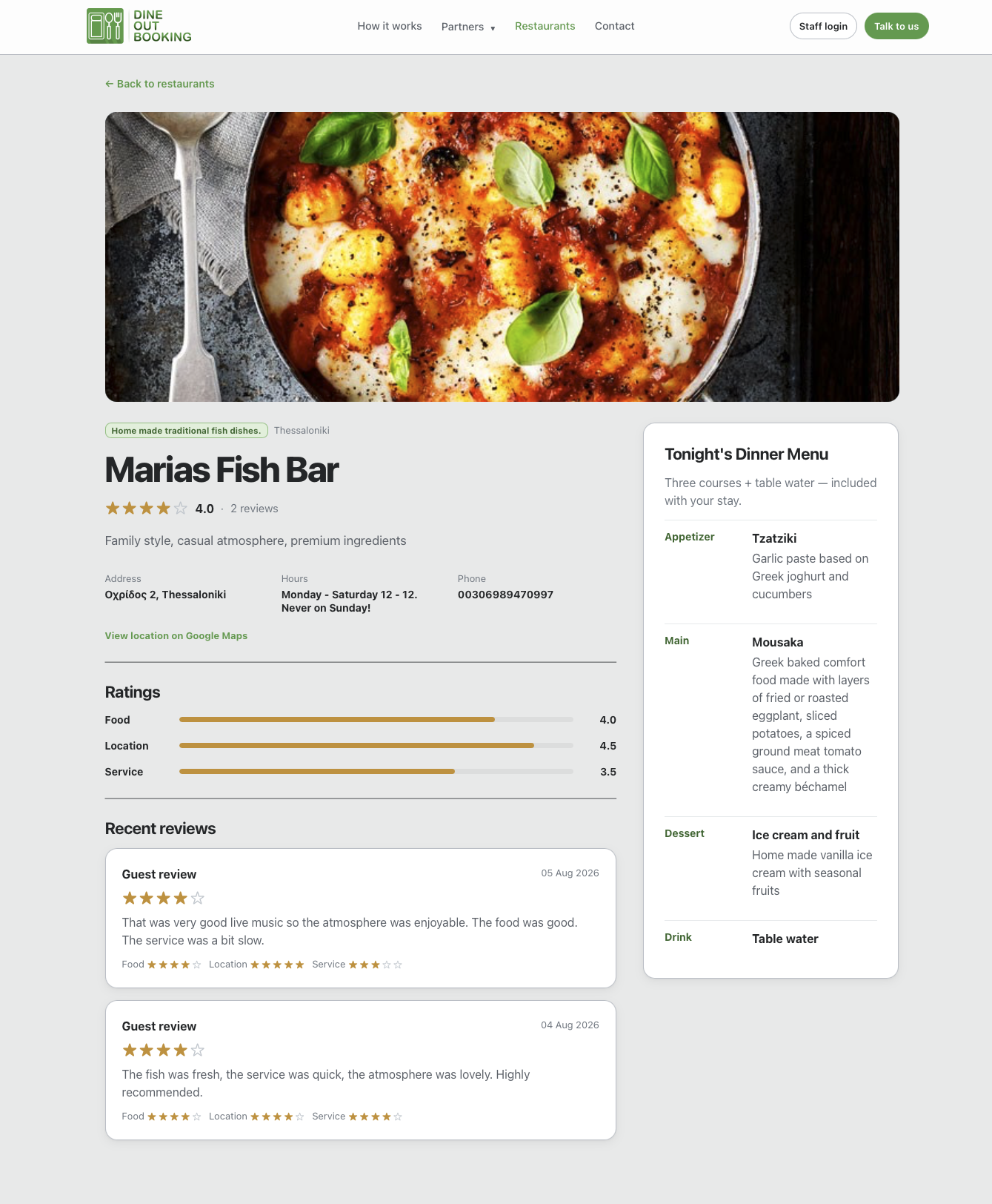 Dine Out Booking restaurant page showing a restaurant, diner menu, ratings, and guest reviews