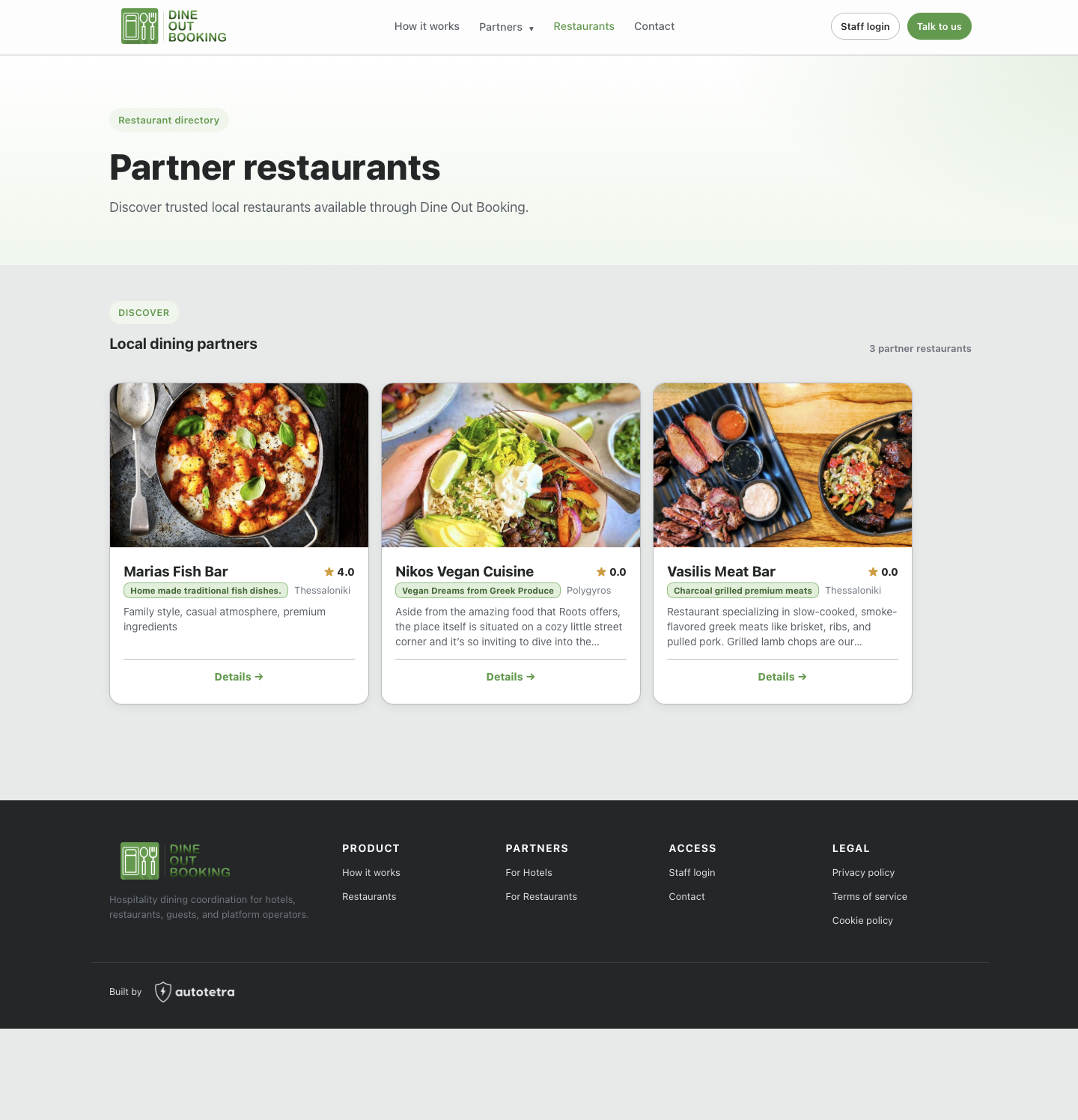 Dine Out Booking restaurant directory showing available partner restaurants